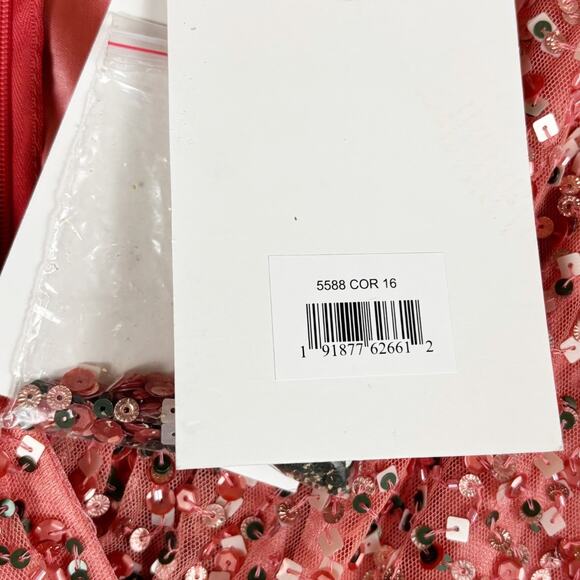 Mac Duggal Sequined Puff Sleeve Wrap Over A Line Dress 16 Coral NWT - Picture 8 of 11